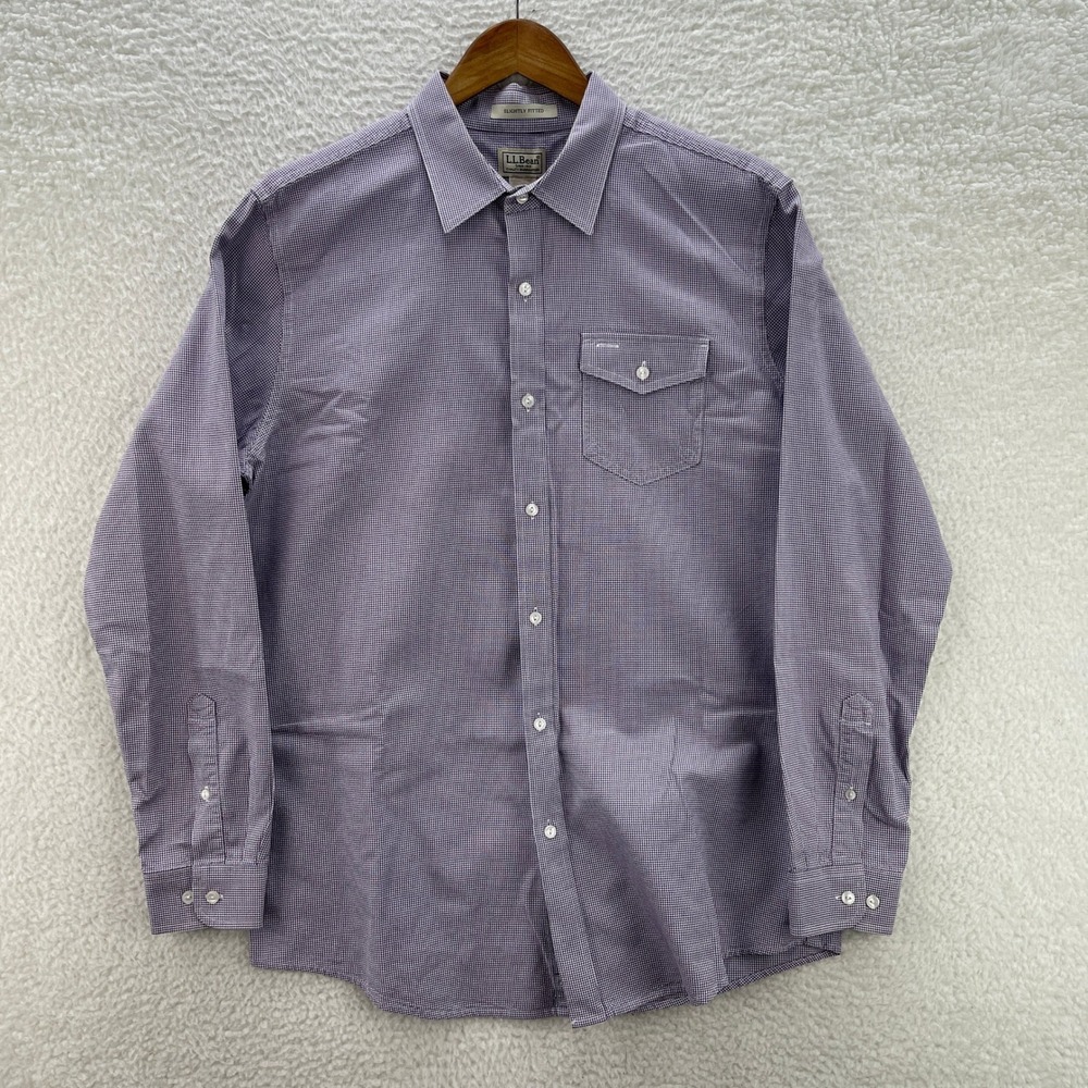 LL Bean Shirt Men L Purple OCBD Oxford Houndstooth Slightly Fitted Preppy Office